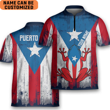 Customize Name Puerto Rico Coqui Flag Zipper Polo Style Bowling Jersey Shirt