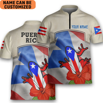 Custom Personalized Puerto Rico Flower Coqui Flag Zipper Bowling Jersey Style Puerto Rican Polo