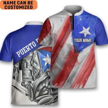 Custom Watercolor Flag Puerto Rico Coqui AOP Bowling Jersey Style Puerto Rican Polo Zipper