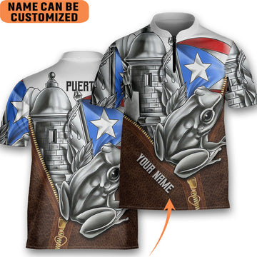 Custom Personalized Puerto Rico Coqui Bowling Jersey Style Polo Zipper Vintage Leather 01