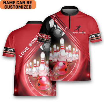 Custom Personalized Colorful Bowling red Game Team Love Bowling Jersey Zipper Shirt