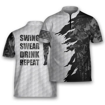 Golf Swing Swear Drink Repeat Men’s Military Camo Golfing Mandarin Zipper Jersey