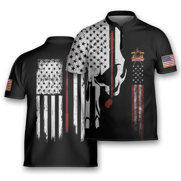Skull American Flag With Golf Club Golfing Mandarin Zipper Jersey