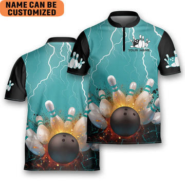 Custom Bowling Fire Lighting Blue Personalized Game Team Bowling Jersey Zipper