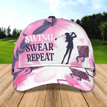 FUNSTUFFPRINT Personalized Swing Swear Repeat Golf Cap for Women, 3D Classic Cap All Over Print for Golf Women Player