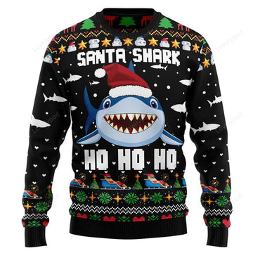FUNSTUFFPRINT Santa Shark Ho Ho Ho Ugly Christmas Sweater Ugly Sweater