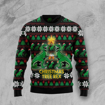 FUNSTUFFPRINT Christmas Tree Rex Ugly Christmas Sweater For Women & Men, Adult Ugly Sweater