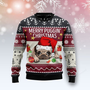 FUNSTUFFPRINT Merry Puggin Christmas Ugly Christmas Sweater For Women & Men, Adult Ugly Sweater