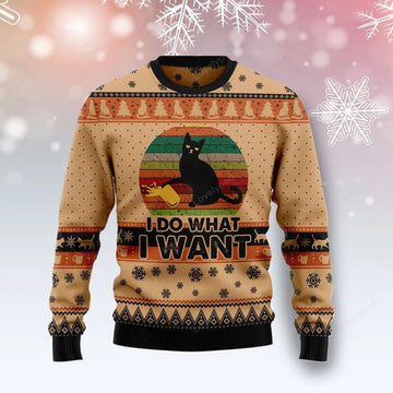FUNSTUFFPRINT I Do What A Want Black Cat Funny Ugly Christmas Sweater For Women & Men, Gift for Cat Lovers Ugly Sweater
