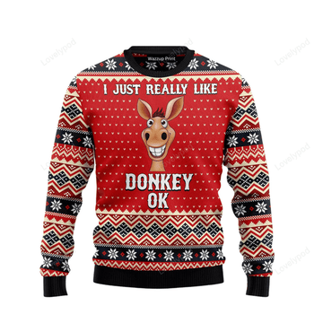 FUNSTUFFPRINT I Really Like Donkey Funny Ugly Christmas Sweater For Men & Women Adult, Christmas Gifts Ugly Sweater