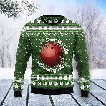 FUNSTUFFPRINT Bowling Lover Deck The Balls For Christmas Funny Ugly Christmas Sweater For Men & Women Adult Ugly Sweater