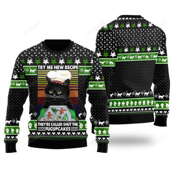 FUNSTUFFPRINT Cat Bakes Fucupcakes Funny Ugly Christmas Sweater Gift For Men & Women Adult Ugly Sweater