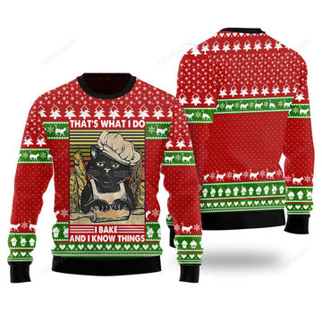 FUNSTUFFPRINT Cat Bakes Know Things Funny Ugly Christmas Sweater Gift For Men & Women Adult Ugly Sweater
