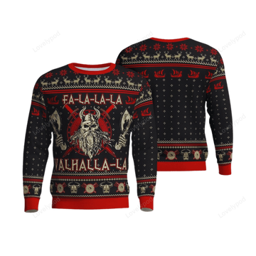 FUNSTUFFPRINT Viking Fa-La-La-La-La Valhalla-La Ugly Christmas Sweater Ugly Sweater
