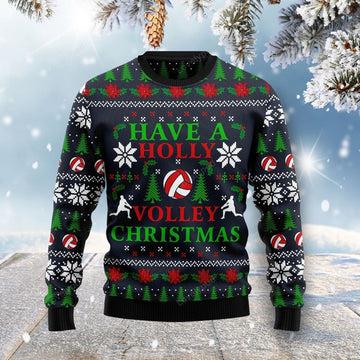 FUNSTUFFPRINT Holly Volley Volleyball Christmas Ugly Christmas Sweater For Men & Women, Adult Ugly Sweater