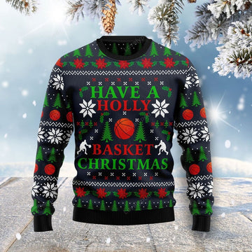 FUNSTUFFPRINT Holly Basket Basketball Christmas Ugly Christmas Sweater For Men & Women Ugly Sweater