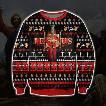 FUNSTUFFPRINT Jesus Saved My Life Ugly Christmas Sweater for men and women Ugly Sweater