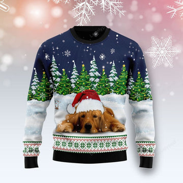 FUNSTUFFPRINT Dreaming Golden Retriever Under Snow Ugly Christmas Sweater For Men & Women Ugly Sweater