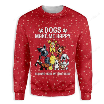 FUNSTUFFPRINT Christmas Dogs Make Me Happy Ugly Christmas Sweater For Men & Women Adult Ugly Sweater