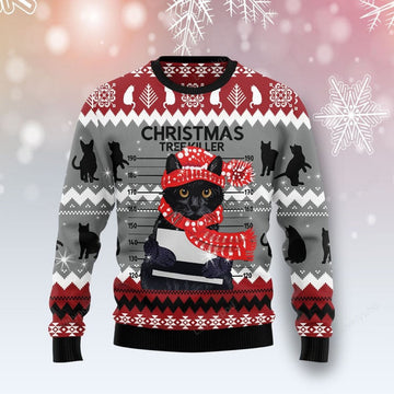 FUNSTUFFPRINT Black Cat Tree Killer Ugly Christmas Sweater For Men & Women Adult Ugly Sweater