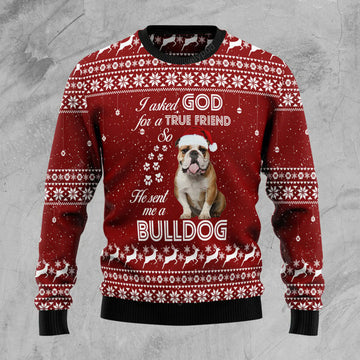 FUNSTUFFPRINT Bulldog True Friend Ugly Christmas Sweater, Christmas gift for Dog lover Ugly Sweater