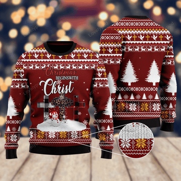 FUNSTUFFPRINT Christian beginswith christ ugly Christmas Sweater For Men & Women Adult Ugly Sweater