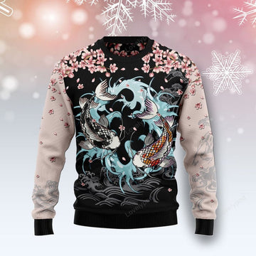 FUNSTUFFPRINT Koi Blossom Ugly Christmas Sweater For Men & Women Adult Ugly Sweater