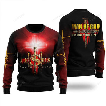 FUNSTUFFPRINT Jesus Man Of God Ugly Christmas Sweater for Dad, Papa, Christmas gift for Dad, Grandpa, husband Ugly Sweater