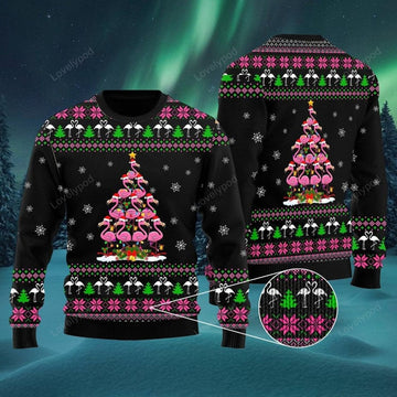 FUNSTUFFPRINT Funny Flamingo Tree Ugly Christmas Sweater For Men & Women Ugly Sweater