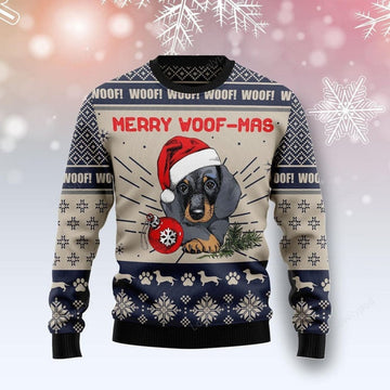 FUNSTUFFPRINT Dachshund Merry Woofmas Ugly Christmas Sweater For Men & Women Adult Ugly Sweater