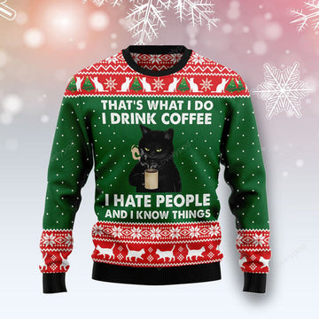 FUNSTUFFPRINT Black Cat Drink Coffee Ugly Christmas Sweater, That What I Do Drink Coffee Ugly SWEATER Ugly Sweater