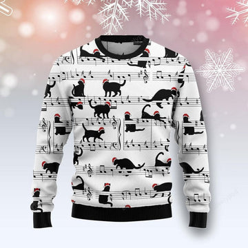 FUNSTUFFPRINT Black Cat Christmas Music Ugly Christmas Sweater For Men & Women, Christmas shirt, Gift for cat lover Ugly Sweater