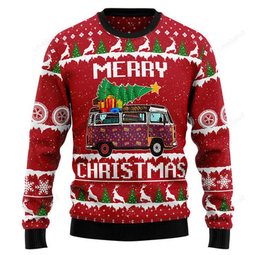 FUNSTUFFPRINT Hippie Car Merry Christmas Ugly Christmas Sweater, Christmas shirt Ugly Sweater