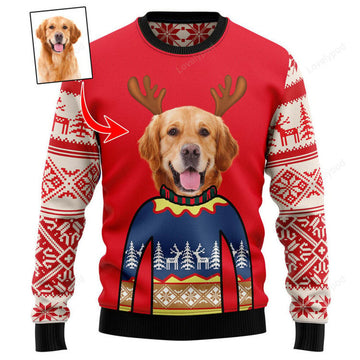 FUNSTUFFPRINT Photo Merry Christmas Golden Retriever Ugly Christmas Sweater Ugly Sweater