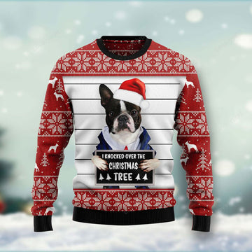 FUNSTUFFPRINT Boston Terrier I Knocked Over The Christmas Tree Ugly Christmas Sweater For Men, women, Adult Ugly Sweater
