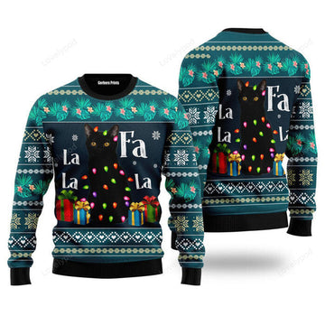 FUNSTUFFPRINT Black Cat Falalala Ugly Christmas Sweater For Men, women, Adult Ugly Sweater