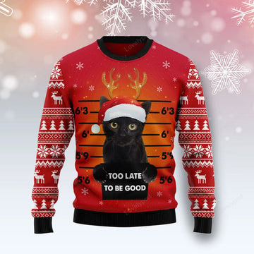 FUNSTUFFPRINT Black Cat Too Late To Be Good Ugly Christmas Sweater Ugly Sweater