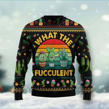 FUNSTUFFPRINT Cactus What The Fucculent Xmas Ugly Christmas Sweater For Men & Women Adult Ugly Sweater