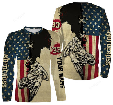 FUNSTUFFPRINT Custom Motocross Racing Jersey American Flag , Moto X Dirt Bike Motorcycle 3D Long Sleeve T-Shirt