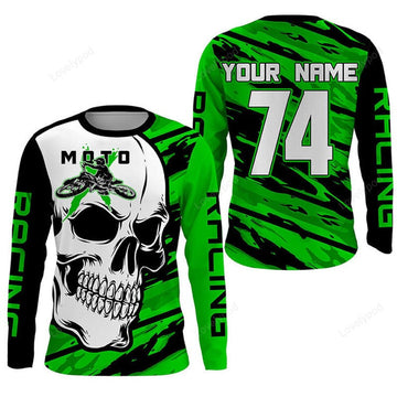 FUNSTUFFPRINT Custom Skull Moto X Jersey, Motocross Green Dirt Bike Racing Motorcycle Bikers Racewear 3D Long Sleeve T-Shirt