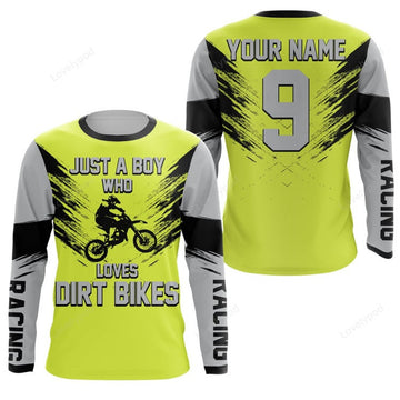 FUNSTUFFPRINT Custom Just A Boy Who Loves Dirt Bikes jersey green, men boys motocross racewear off-road 3D Long Sleeve T-Shirt