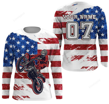 FUNSTUFFPRINT Custom American Flag Dirt Bike Jersey, Personalized Patriotic Motocross Racing Motorcycle Jersey 3D Long Sleeve T-Shirt