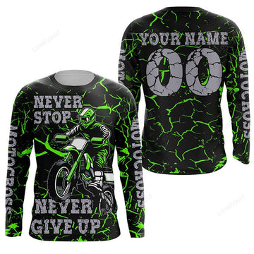 FUNSTUFFPRINT Custom Green Motocross Jersey, Never Stop Dirt Bike Shirt For Boys Racing Motorcycle 3D Long Sleeve T-Shirt
