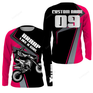 FUNSTUFFPRINT Custom Women Motocross jersey, pink dirt bike MX racing brap like a girl off-road 3D Long Sleeve T-Shirt