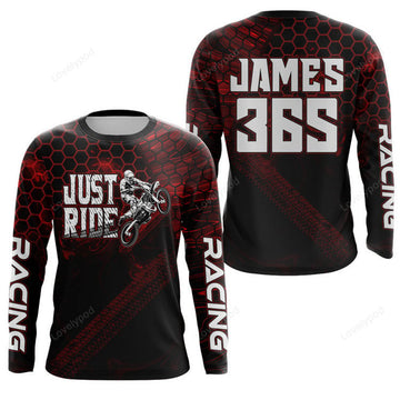 FUNSTUFFPRINT Custom Motocross Jersey, Racing Dirt Bike Shirt Red Off-Road MX 3D Long Sleeve T-Shirt