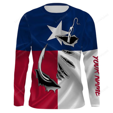 FUNSTUFFPRINT Custom Fishing 3D Fish Hook Texas Flag fishing 3D Long Sleeve T-Shirt