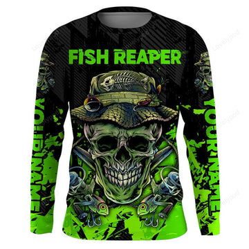 FUNSTUFFPRINT Custom Fish reaper skull black and neon green custom Fishing Shirts, custom men fishing 3D Long Sleeve T-Shirt