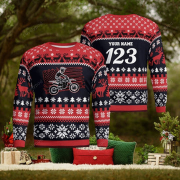 FUNSTUFFPRINT Christmas Motocross Rider 3 Custom Ugly Christmas Sweater for Men and Women, Gift for biker Motocross lover Ugly Sweater