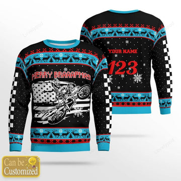FUNSTUFFPRINT Custom name and number Motocross rider Ugly Christmas sweater, Merry braaapmas ugly sweater, Motocross sweatshirt Ugly Sweater