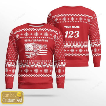 FUNSTUFFPRINT Custom name and number Motocross rider Ugly Christmas sweater red, Motocross biker sweatshirt, Christmas gift for motocross lover Ugly Sweater